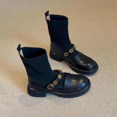 Металлическая пряжка, маленькие ароматные ветряные вязаные эластичные носки, сапоги, женские универсальные, круглые, тонкие, короткие, сапоги, ботинки Martin на толстой подошве