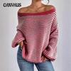 Autumn and Winter Women's Plus Size One Neck Strapless Knit Sweater Clashing Stripe Lantern Sleeve Sweater