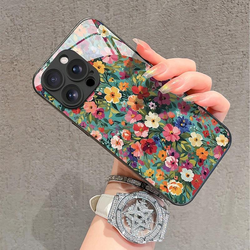 Стильный Чехол из Закаленного Стекла с Ярким Цветочным Узором HD для iPhone 17 16 15 14 13 12 11 Pro Max 16E 7 8 Plus XR XS X