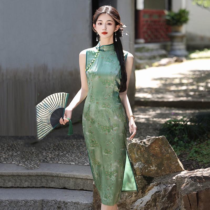 Womens Sleeveless Long Cheongsam Dress Vintage Chinese Style Modern Fit Retro Floral Jacquard