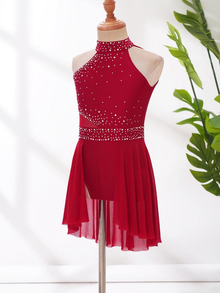 Девочки Сверкающие Стразы Купальник Платье Без рукавов Асимметричный Подол Лирический Танец Выступление Элегантный Наряд