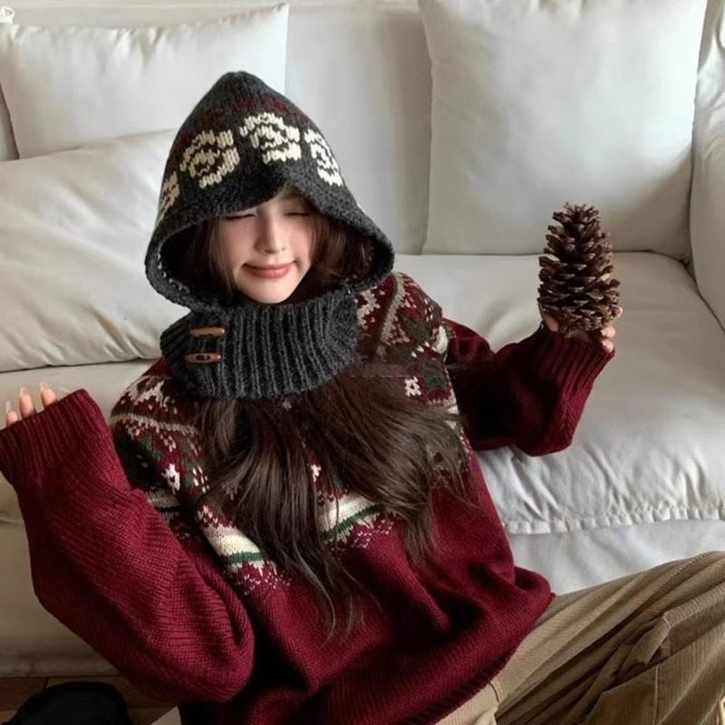 Handcrochet Flower Beanies Hat for Women Winter Soft Warm Balaclava Hat Shopping Scarf Caps Outdoor Windproof Neckwrap Hat