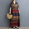 Summer Thin Cotton Linen V-neck Artistic Loose Fit Plus Size Simple Vacation Style Mid Length Dress for Women