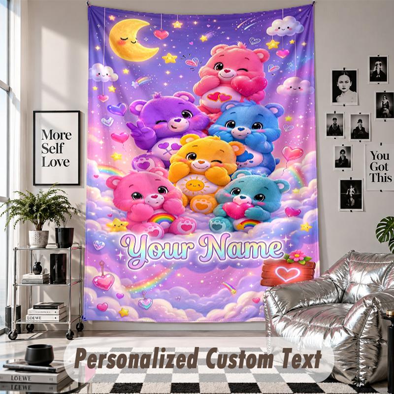 Wall Hanging Tapestry With Custom Name & Text, Care Bears Decorative Tapestry For Bedroom