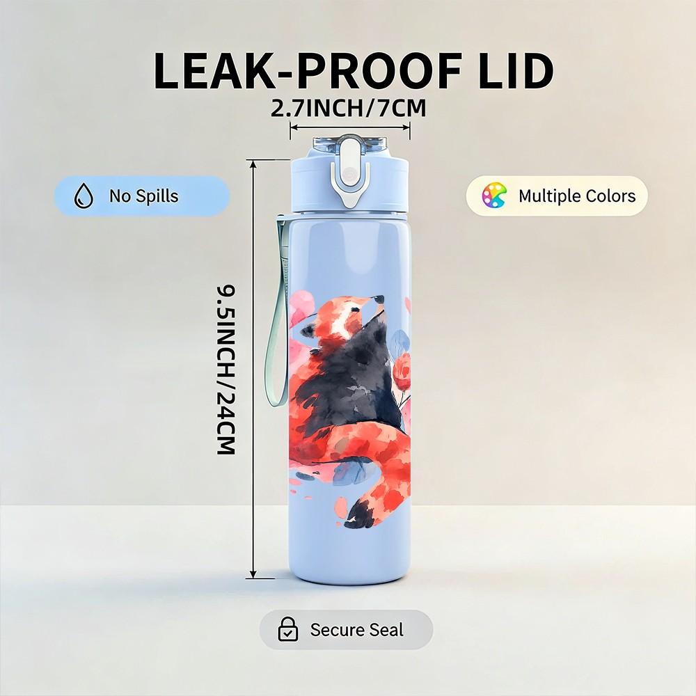 1PC Watercolor Fox Art 750ml Color Plastic Sports Water Bottle Leakproof Flip Straw Lid Suitable for Sports Office Home Use