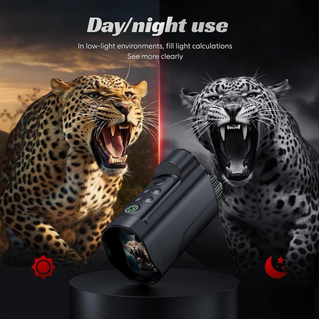 Handheld Night Vision Monocular with 2" HD Screen-Detection Range,10X Zoom for Camping Hunting&Wildlife Observation, Includes Compass&Supports TF Card