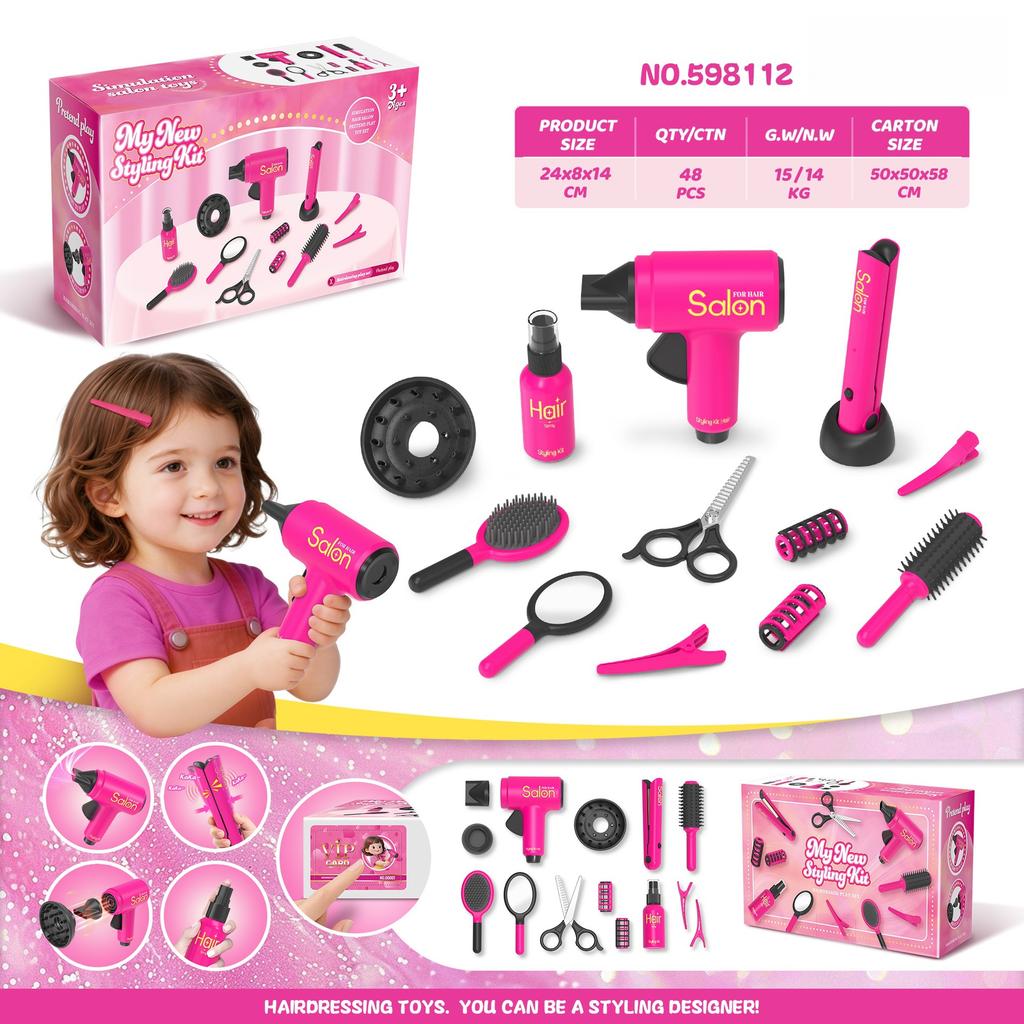 Girls Hair Salon Playset with Realistic Blow Dryer & Styling Tools, Pretend Makeup & Hairdresser Role Play Toy Set for Kids