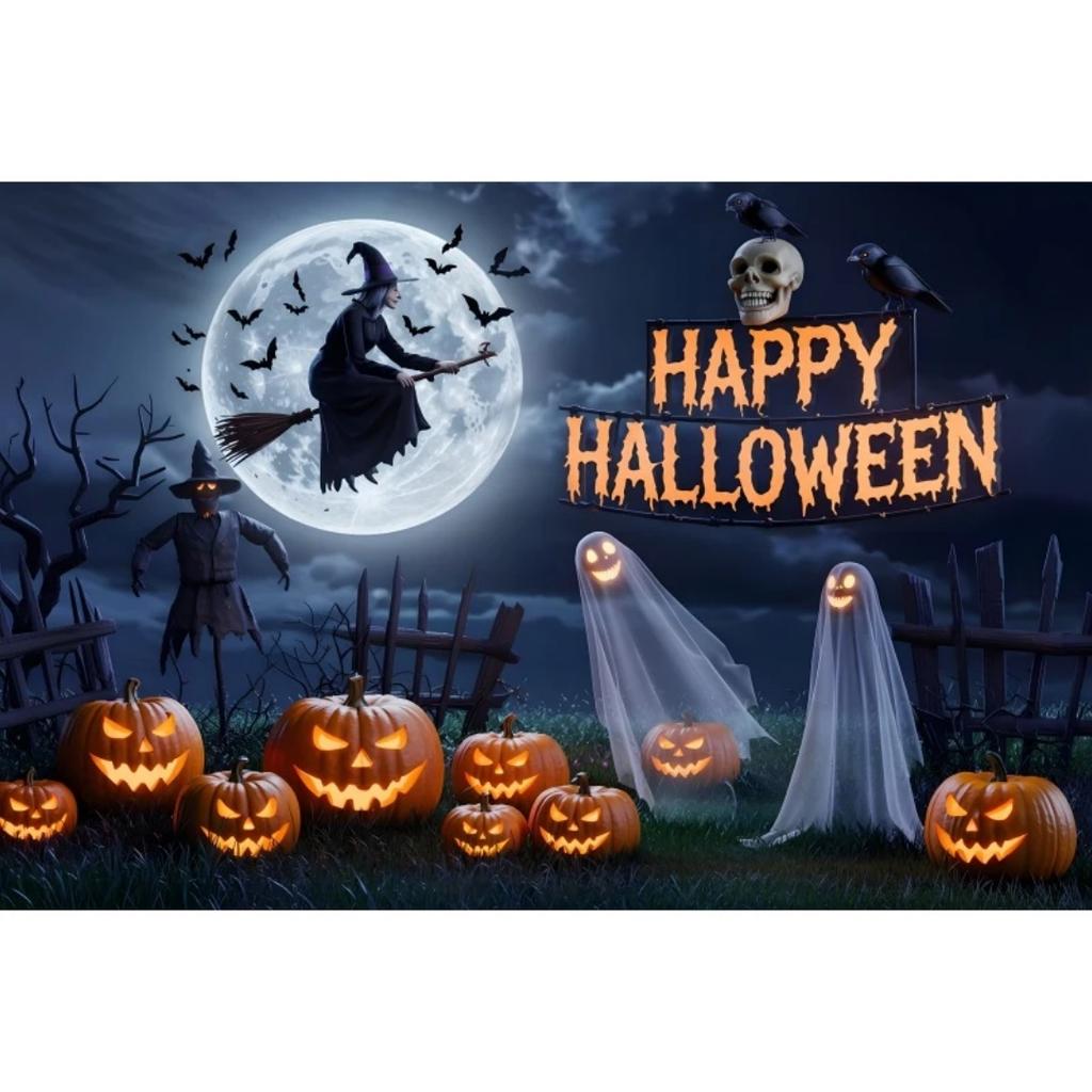 1pc Daek Blue Halloween Party Backdrop Night Moon Witch Pumpkin Dustproof Banner for Halloween Theme Party Background Decoration