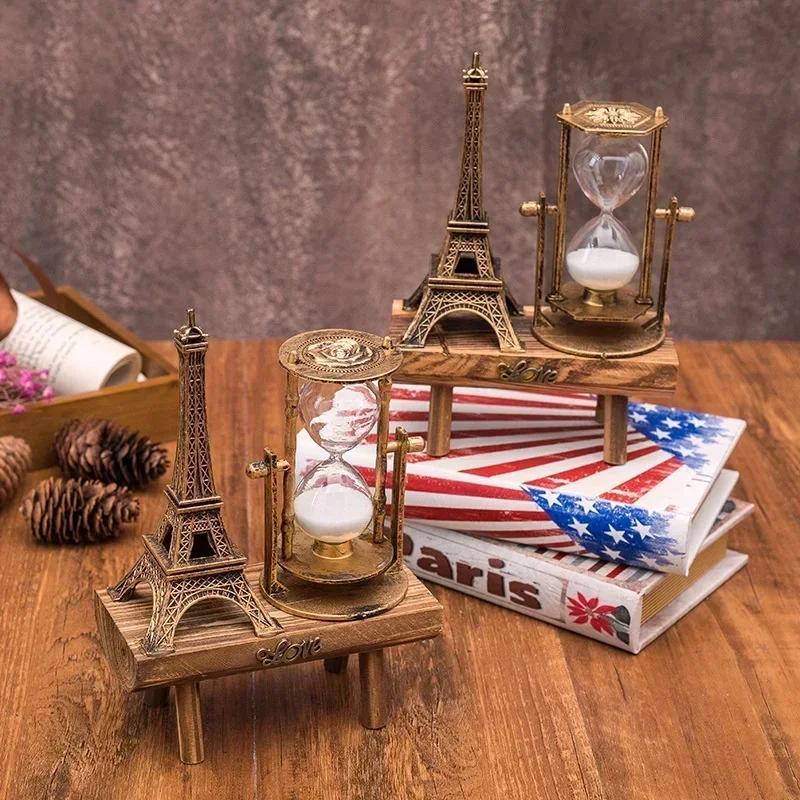 Vintage Parisian Tower Hourglass Timer Ornament Eiffel Creative Birthday Gift Student Women's Clothing Accessories Car Ornament