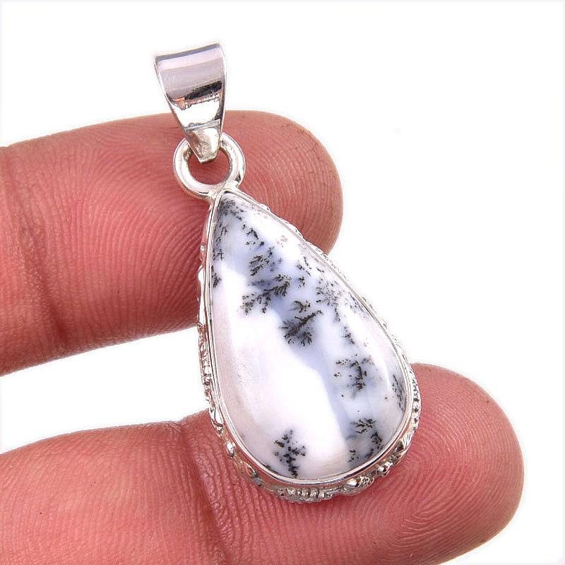 Natural Dendrite Opal Gemstone 925 Solid Sterling Silver Gift Pendant 1.5" p2K27