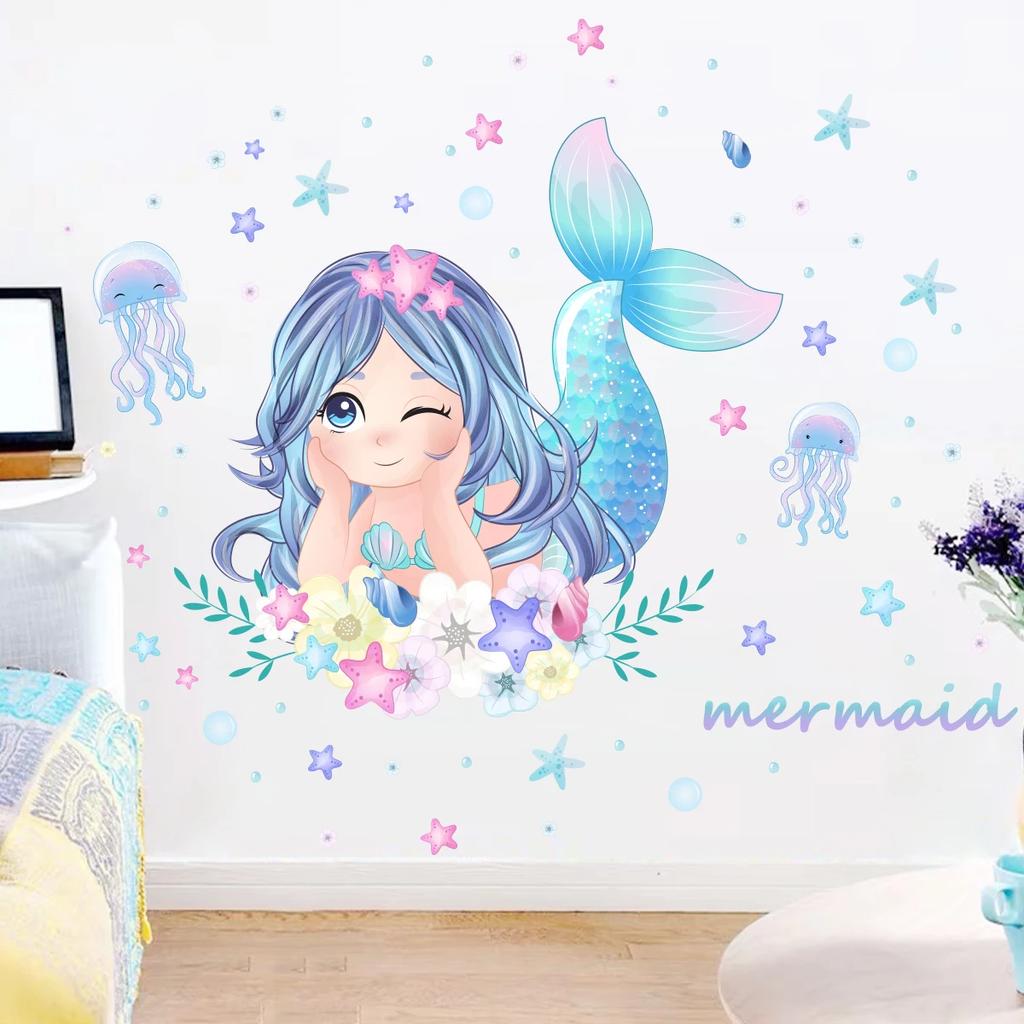 Cute Cartoon Mermaid Jellyfish Starfish Wall Stickers for Kids Room Decor Bedroom Home Decoration Decals