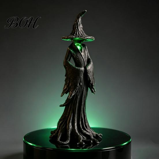 Resin Magic Figurine Halloween Witch Statue, LED Light Up Gothic Figurine, Haunted House Prop Dark Fantasy Mysterious Sculpture for Desktop Bookshelf