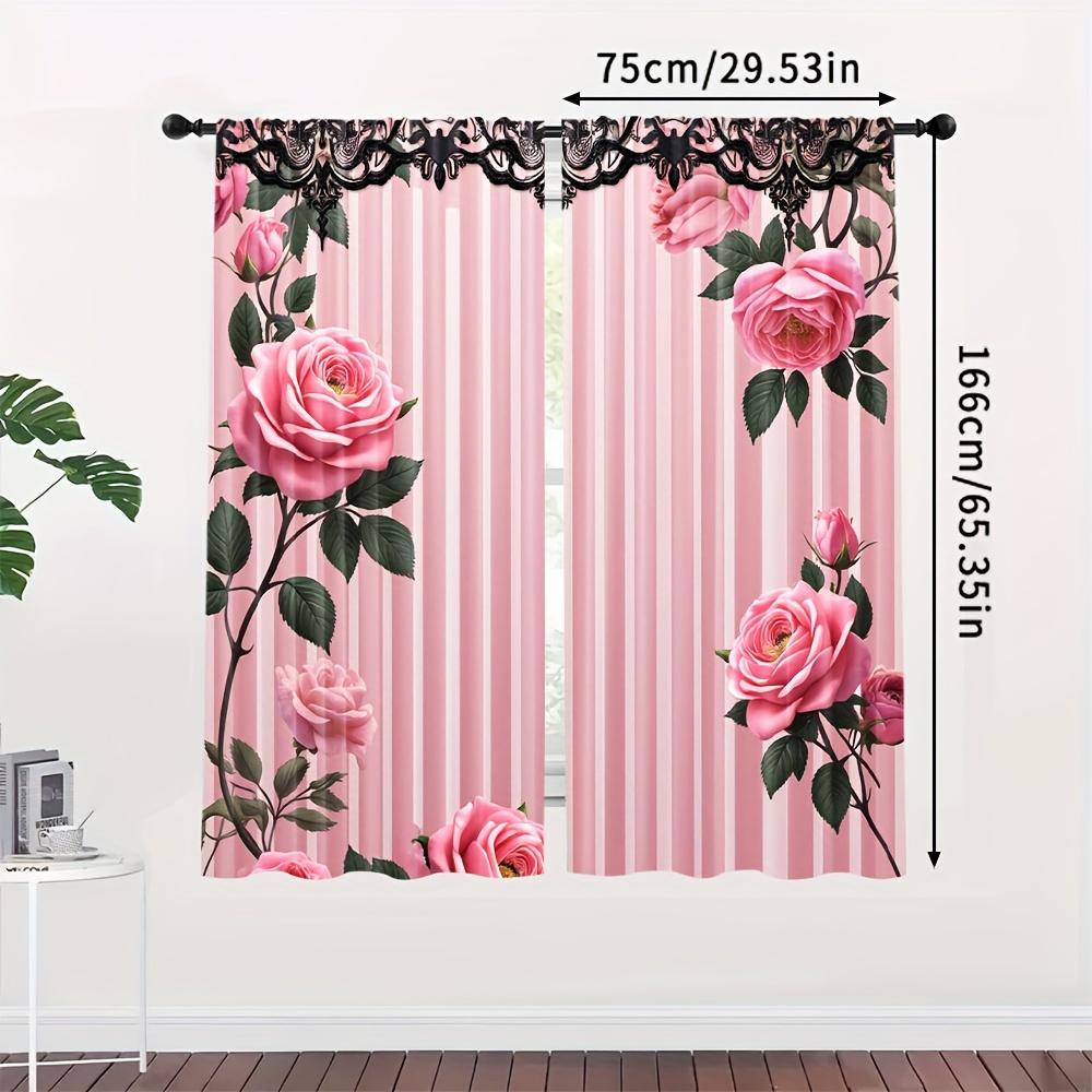 Romantic Pink Rose Striped Curtains, Delicate Flower Leaf Digital Print Drapes Wedding Room Nursery Girly Interior Decoration