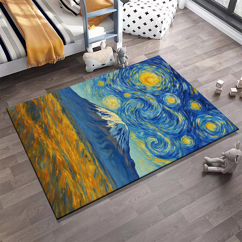 Starry Night Inspired Mountain Landscape Printed Carpet Rug Suitable for use as an anti-slip for living room bedroom sofas