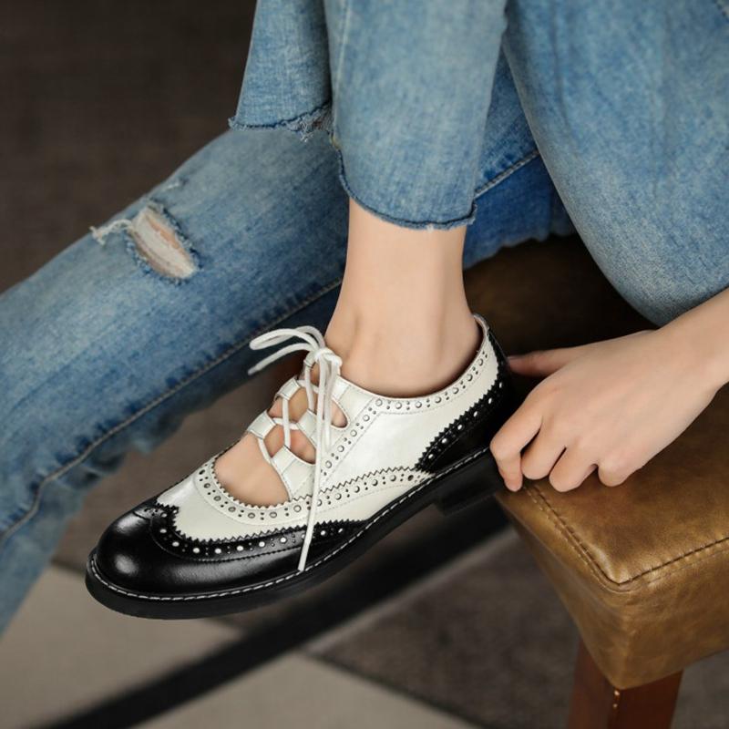 Fashion Oxford Shoes Women Split Leather Shoes for Women Spring/Autumn Women Loafers Summer Brogues Vintage Lace-up Shoes Women Pumps