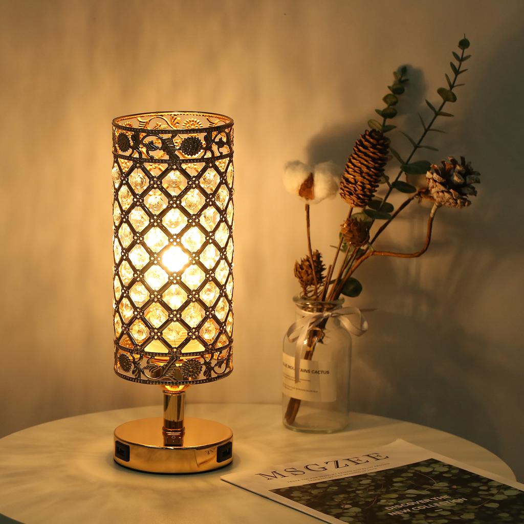 Tomshine Хрустальная прикроватная настольная лампа, декоративный настольный светильник с двумя USB-портами для зарядки, современный