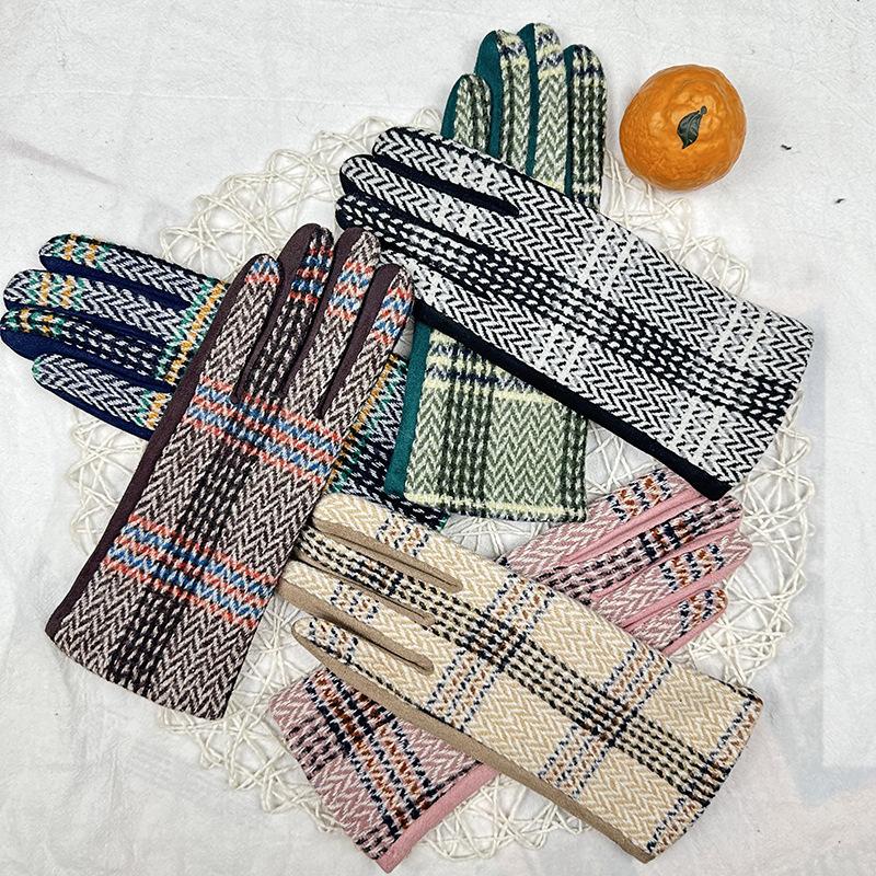 Перчатки из замши для японских девушек, клетчатые, флисовые, утолщенные, термоперчатки для студенток с разделением пальцев