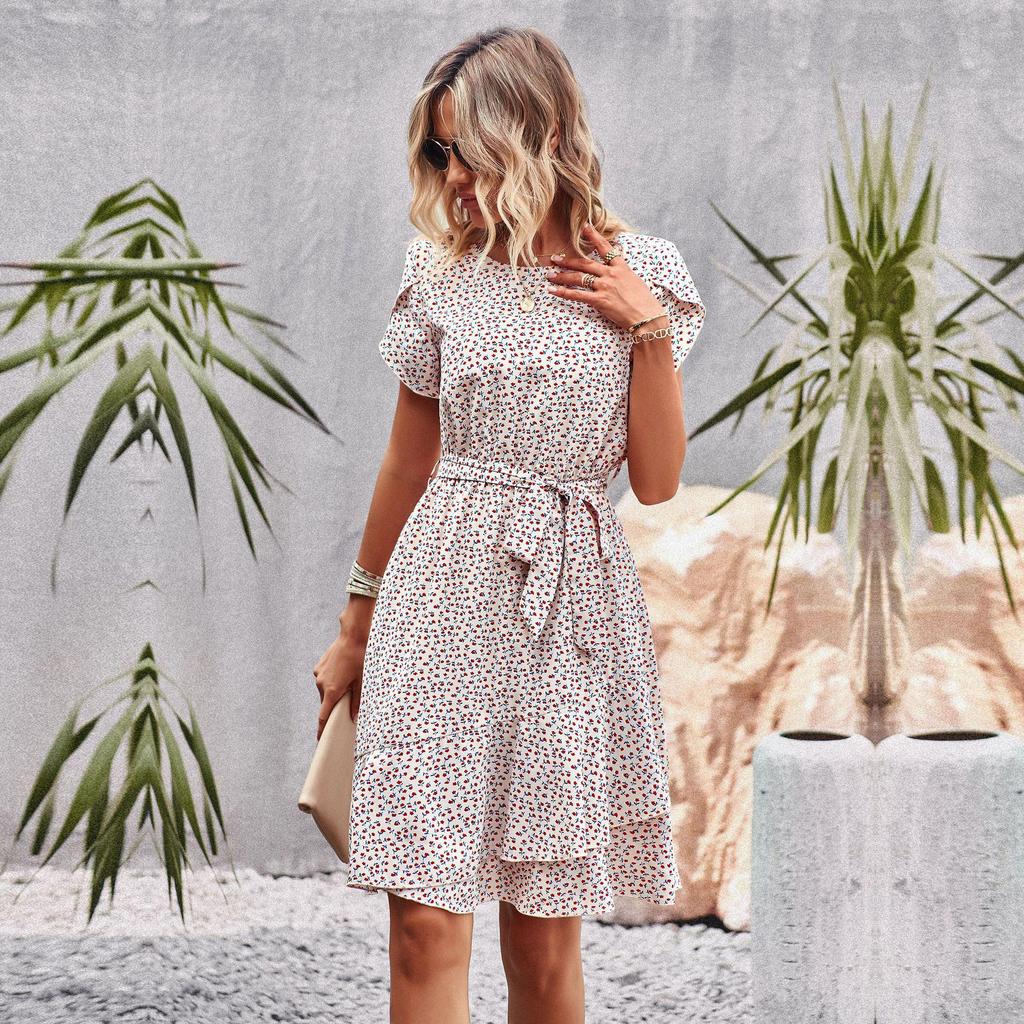 Женские летние плиссированные платья с высокой талией и круглым вырезом с принтом