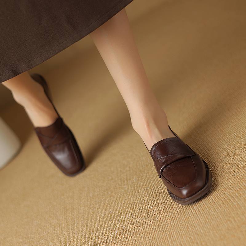 Krazing Pot Cow Leather Square Toe Thick Med Heels Spring Shoes Loafers Oxford Shoes Daily Wear Women Pumps