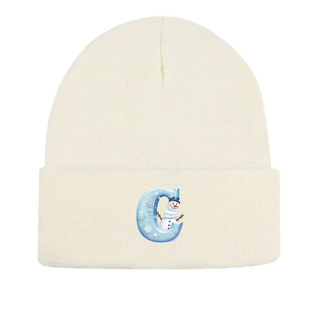 Snowman "C" Print Knitted Hat Beanie, Woman Cap Stretchable Warm Solid Bonnet Knit Cap Beanie