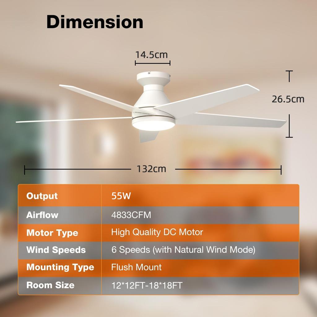 Современный потолочный светильник-вентилятор 52" 5 лопастей Бесшумный потолочный вентилятор Светодиодный светильник 6 скоростей DC Реверсивный вентилятор Черный/Дерево Встроенный монтаж