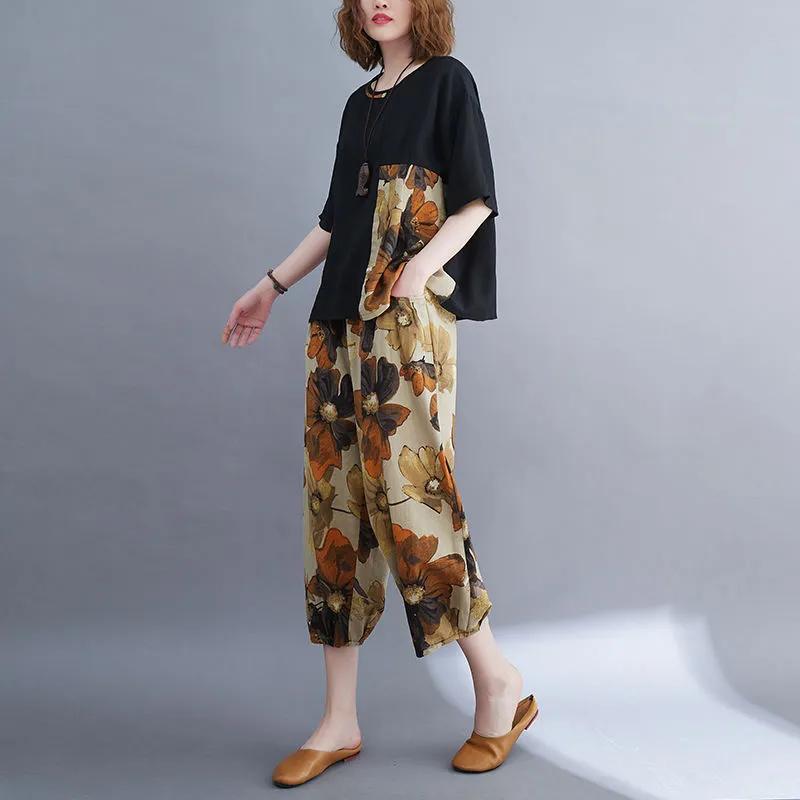 Женский ретро-костюм, летний свободный топ, женские брюки с принтом и застежкой-молнией больших размеров, костюм из двух частей