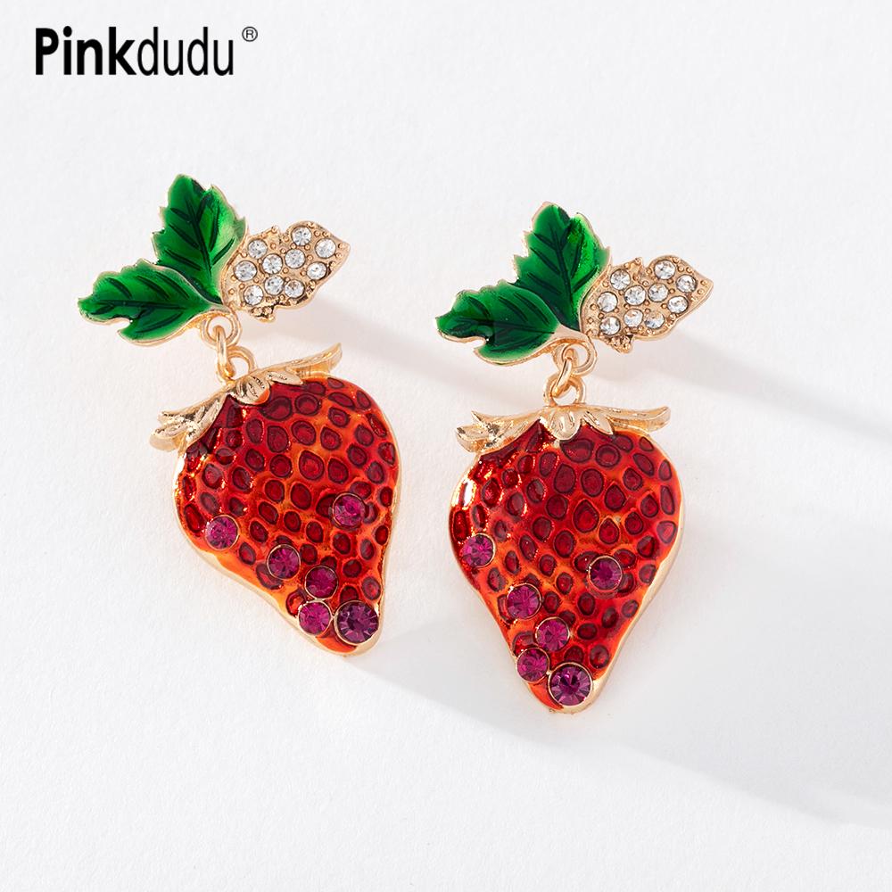 Pinkdudu Модные серьги-капли с красной клубникой 2023, милые креативные серьги с инкрустацией из циркона и фруктов для женщин, ювелирные изделия, подарки PD1247
