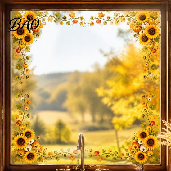 Non Adhesive Window Decals Harvest Festival Static Glass Sticker, Autumn Clings with Maple Leaves Sunflowers And Removable Film Berries Prints,