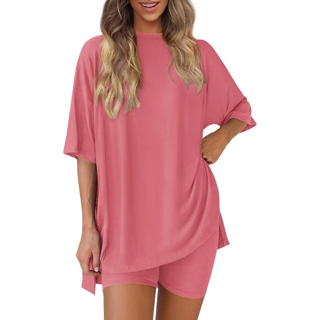 Женский свободный модный однотонный топ с разрезом и круглым вырезом, с коротким рукавом, с маленьким карманом, шорты, комплект из двух предметов