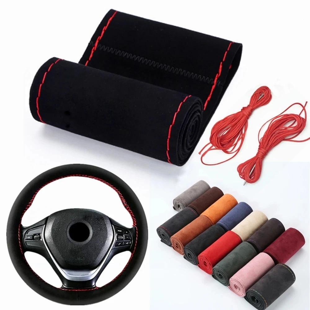 New greener Car Steering Wheel Cover 38CM DIY Suede Leather Braided Steering Wheel Protection for Car Interior Accessories