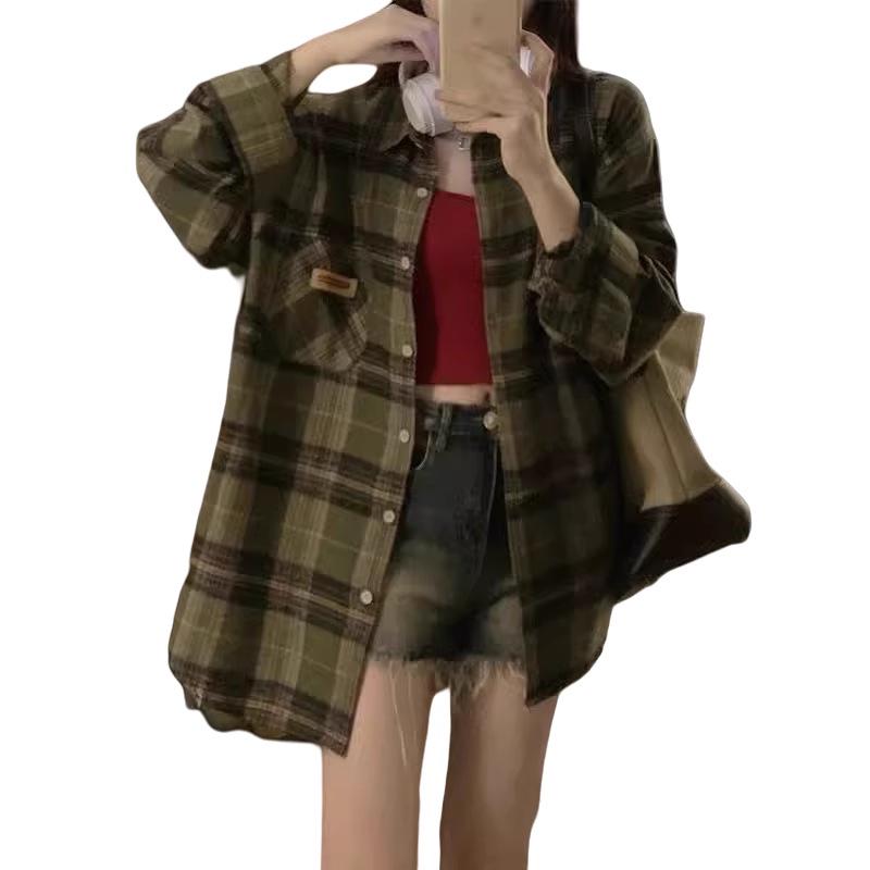 Женский кардиган с длинным рукавом в клетку ретро 2025