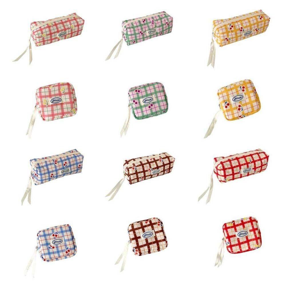 Large Capacity Y2K Cherry Pencil Case Checkered Cartoon Cherry Makeup Bag Korean Pencil Bag Gifts