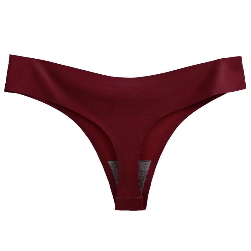 Burgundy Plus Size Low Rise Invisible Ice Silk Quick-Dry Thong Panties for Women