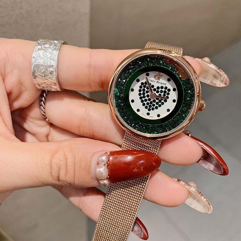 Новые женские часы, модные женские кварцевые часы, циферблат Quicksand Crystal, сетчатая цепочка, женские часы
