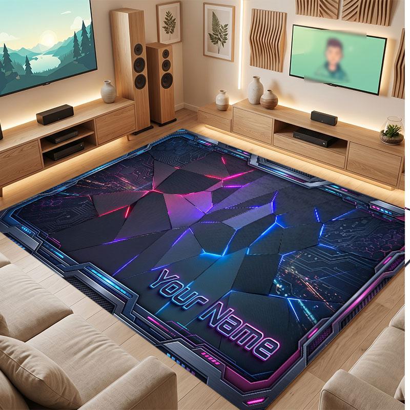 City Cyberpunk Theme Crystal Velvet Floor Rug Personalized Custom Name Text Warm Carpet Home Decoration