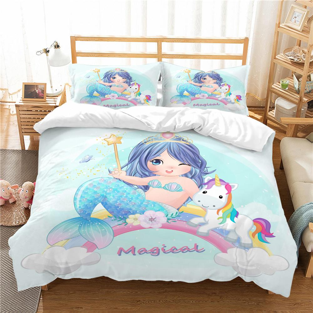 Mermaid Bedding 3D Girl Princess Room Duvet Cover Pillowcase 2/3pcs Single/double Bed Full-size Home Textile Girl Woman Gift