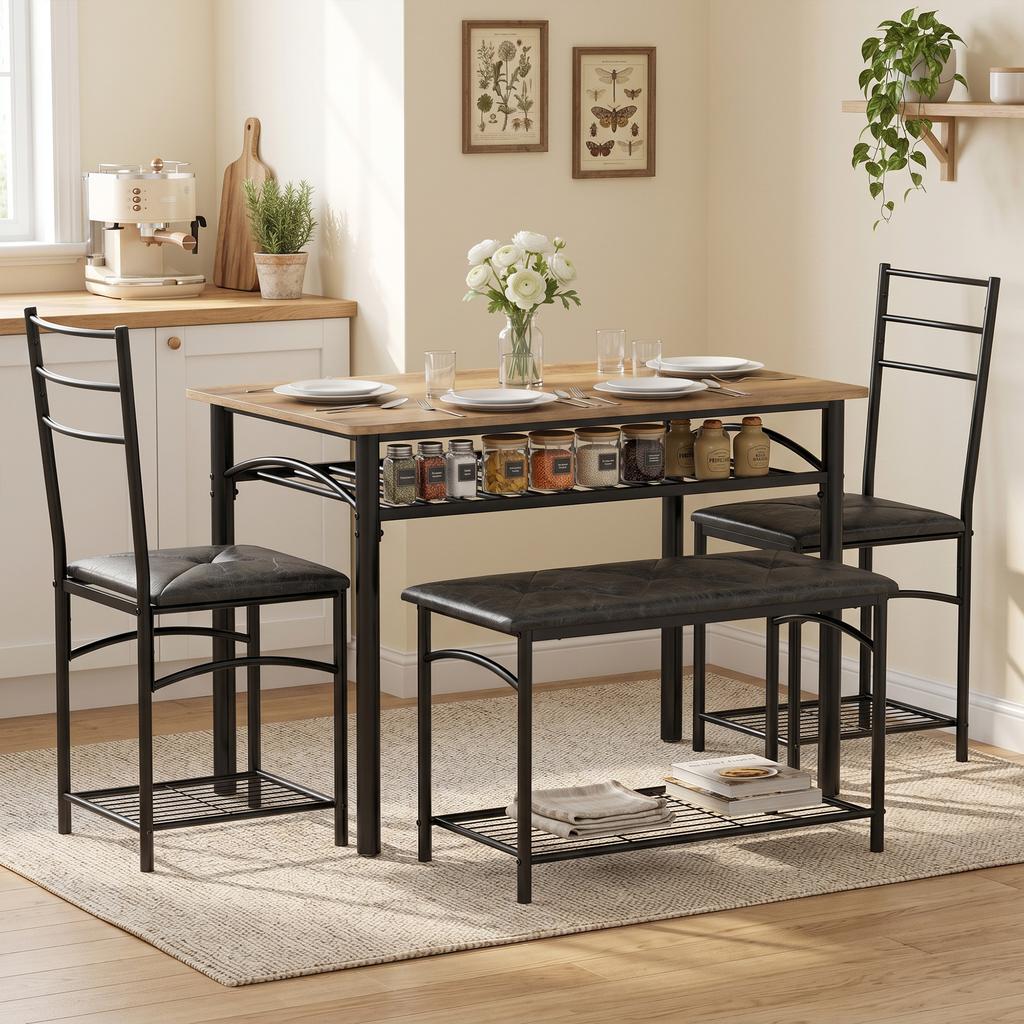 4 Piece Dining Set Industrial Kitchen Table With 2 Chairs And Bench For 4 People Upholstered PU Leather Seats Brown