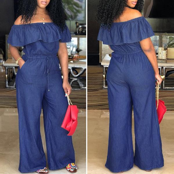 Летние женские комбинезоны с открытыми плечами, однотонные комбинезоны с широкими штанинами и оборками