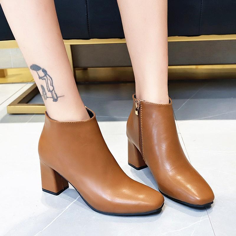 Ботинки женские 2024 короткие ботинки весна и осень высокие каблуки ботильоны кожаные ботинки толстый каблук боковая молния женские ботинки