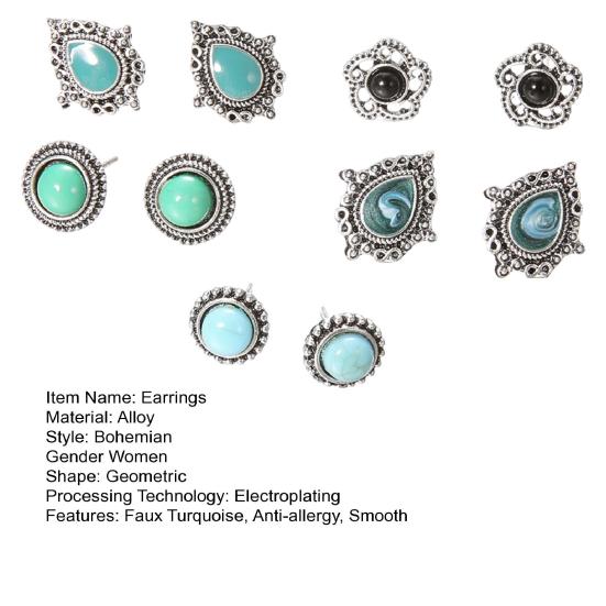 5 пар женских ушей в стиле ретро, ​​бирюзовые, искусственные шпильки в этническом стиле, богемные полые, гладкие, антиаллергенные