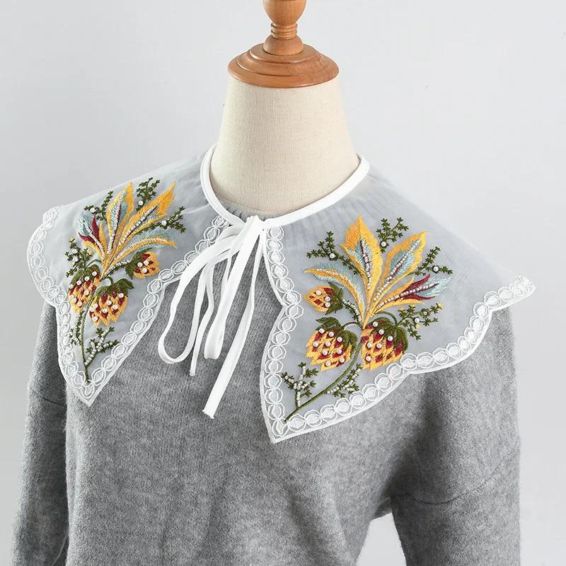 Korean Summer Floral Embroider Fake Collar Neck Guard Scarf Female Shoulder Wraps Cape Removable Shirt Detachable Collar