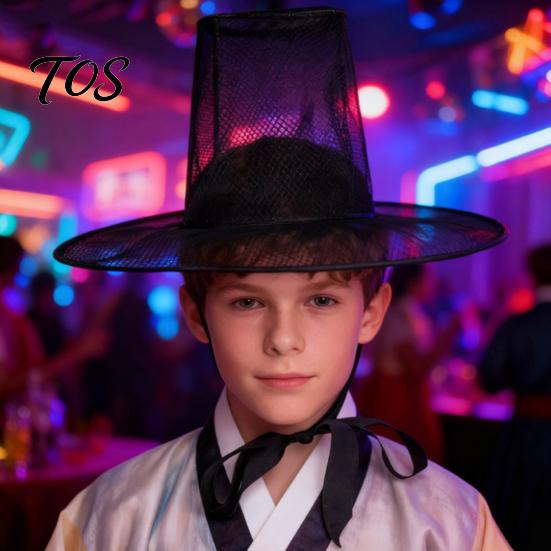 Crisp Fabric Hat Vintage Korean Gat Hat, Black Mesh Wide Brim Joseon Dynasty Three-dimensional Design Scholar with Neck Strap, Halloween Cosplay