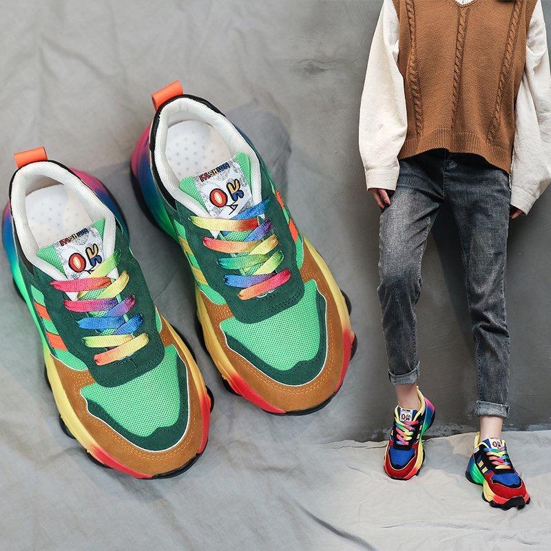Радужные разноцветные массивные кроссовки, женская обувь на шнуровке, сетчатая толстая подошва, большие размеры