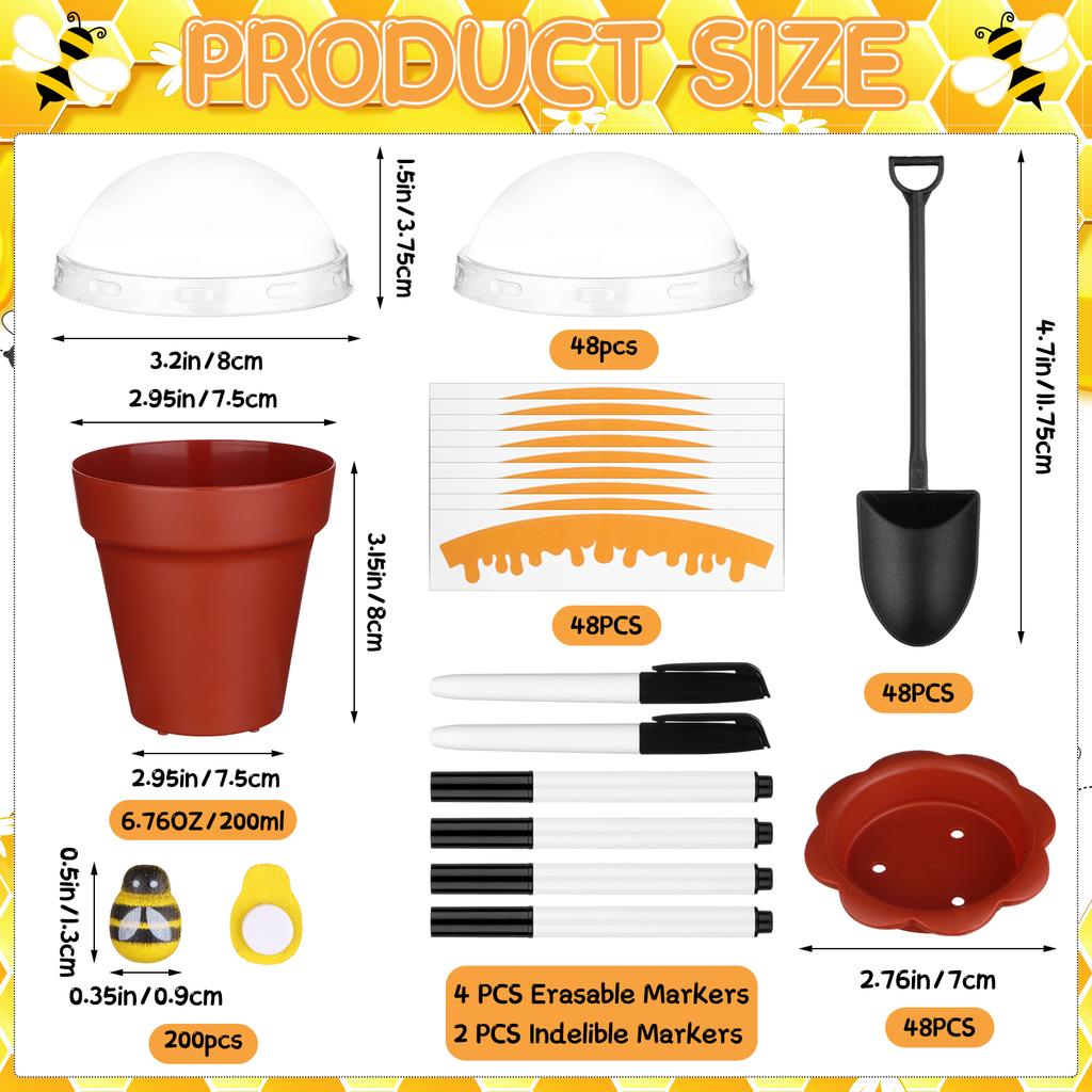 48 Pack Mini Honey Bee Pots with Lids Spoon Saucers and Wooden Bee Charms For Baby Shower Birthday Party Supplies