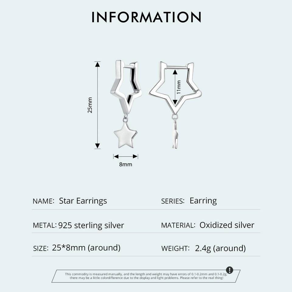 WOSTU 925 Sterling Silver Double Star Dangle Hoop Earrings For Women Punk Geometric Star Pendant Earrings Minimalist Jewelry