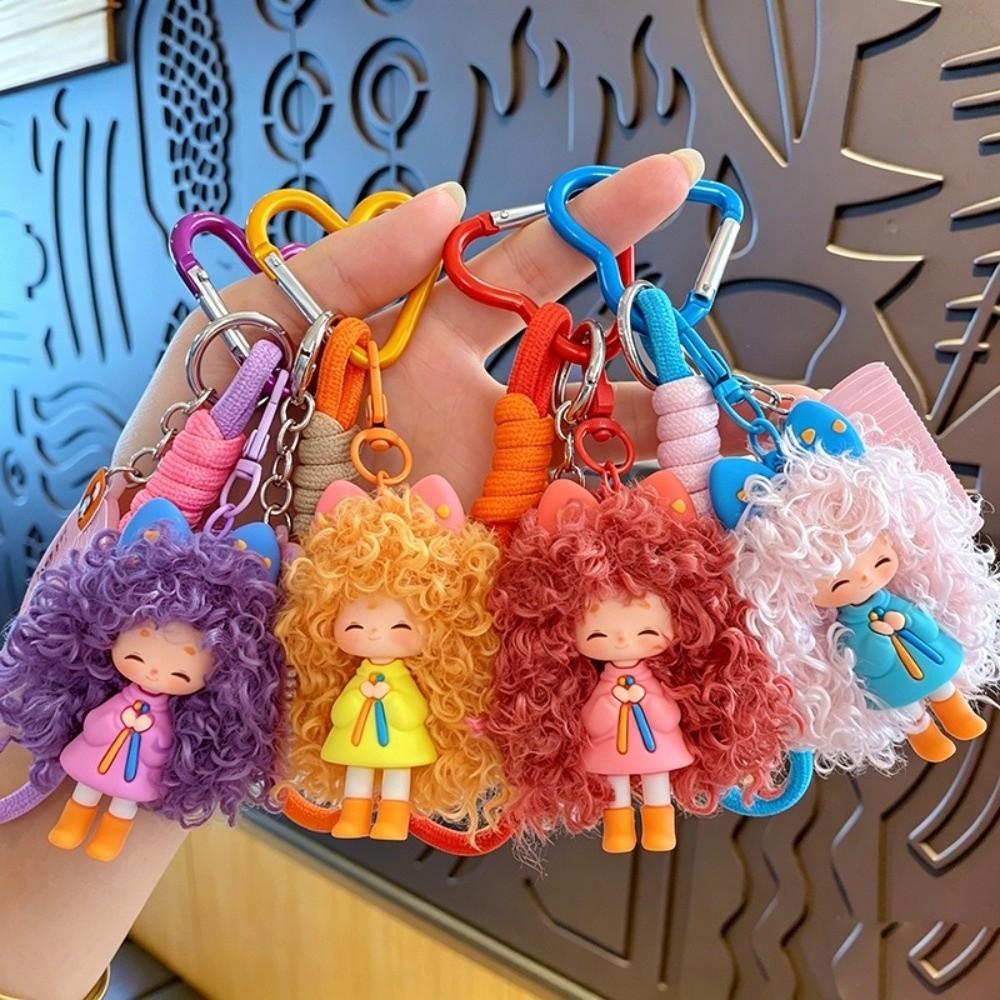 Soft Rubber Halyard Heart Keyring Colorful Bag Pendant Sweet Curly Hair Doll Keychain Women Gift