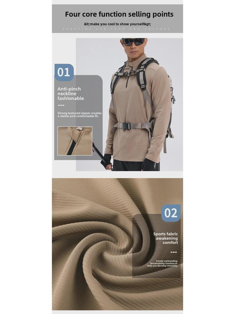 Мужской быстросохнущий пуловер для бега Dijia: С длинным рукавом, воротник-стойка, застежка-молния до середины, защита пальцев для фитнес-тренировок.