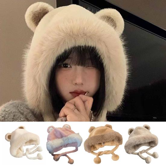 Women Plush Hat with Cute Bear Ears Soft Fuzzy Warm Thick Lace-up Windproof Strap Autumn Winter Outdoor Cycling Girls Ear Protection Cap Gift Choice