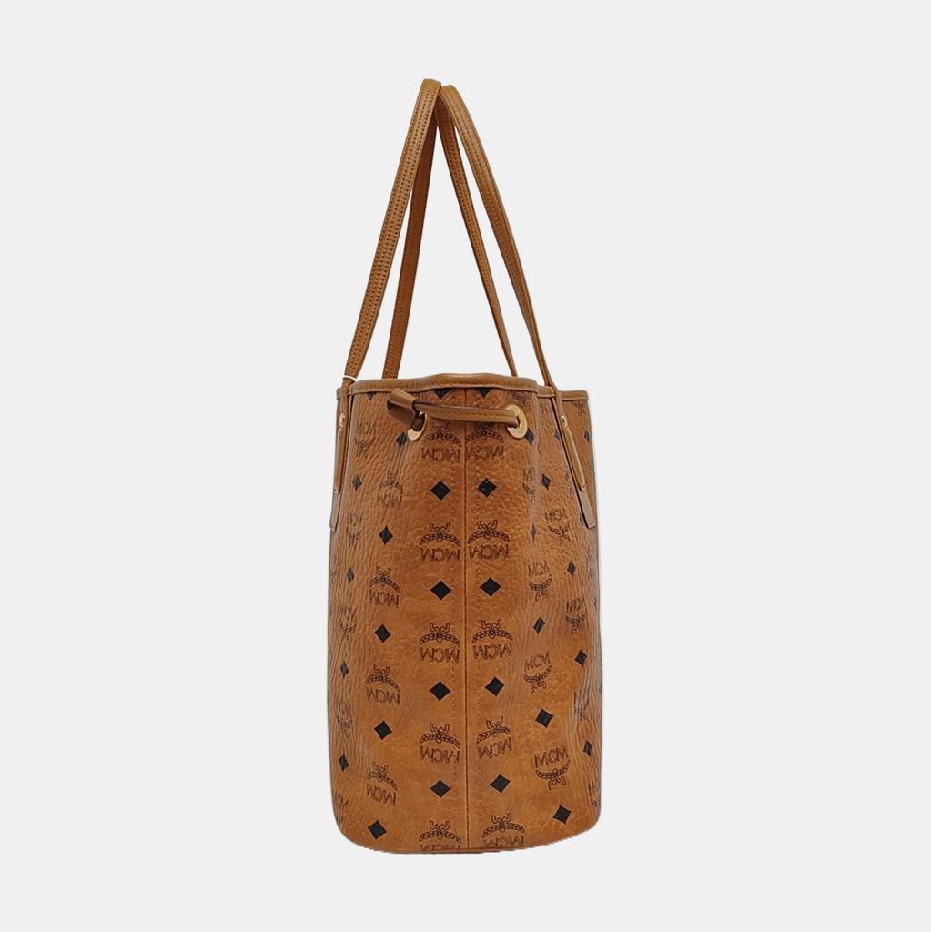 [Pre-Owned] Liz Medium Cognac Coated Canvas Printed Tote Bag With Gold Hardware And Pouch - Very Good #1XT5EYY