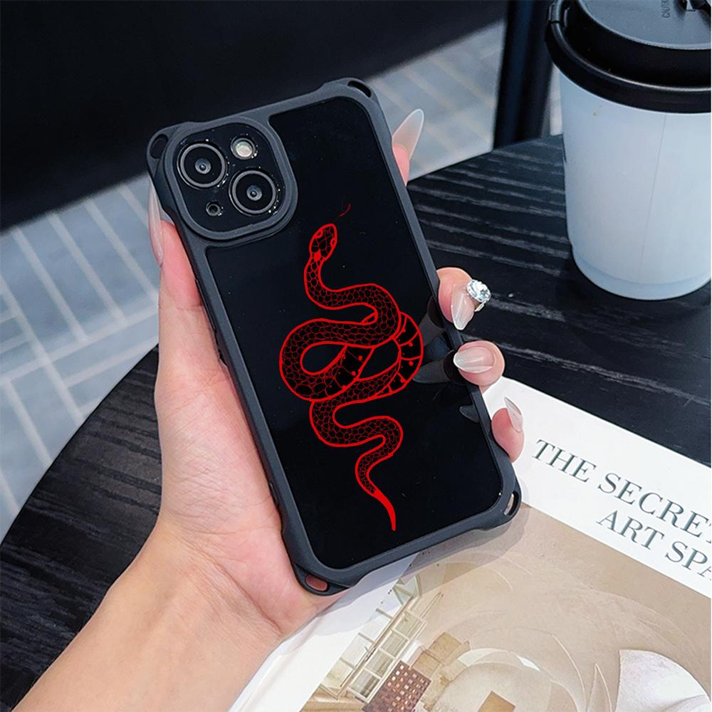 Soft Phone Cases for iPhone 16 15 13 12 11 14 Pro Max 8 Plus Four Corners Anti-Drop Protective Cover Optional Lanyard Rope N73 Black Gold Snake Design